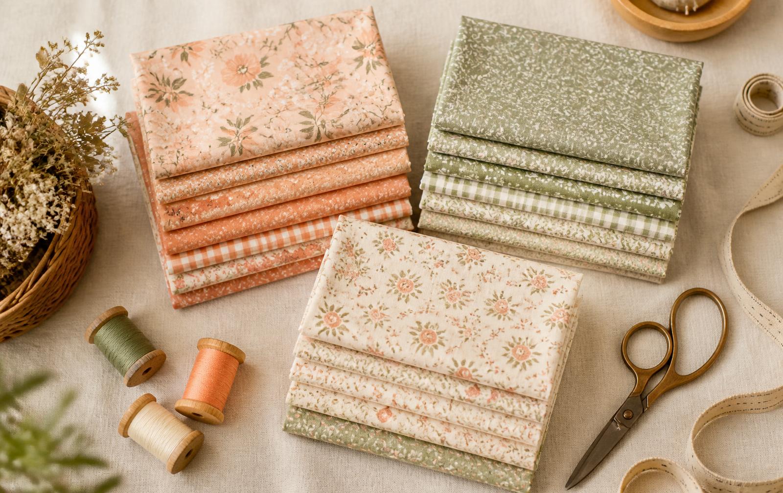 Folded stacks of peach and sage quilting cotton with wooden thread spools and scissors